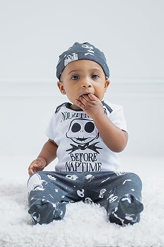 Disney Nightmare Before Christmas Newborn Baby Boys Short Sleeve Bodysuit Pants and Hat 3 Piece Outfit Set 0-3 Months