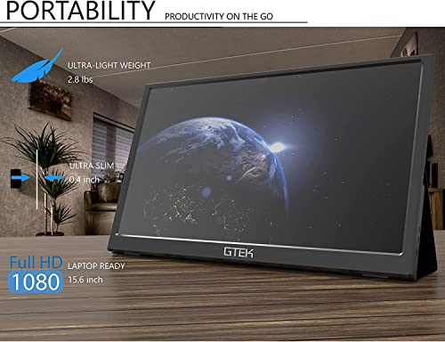 GTEK Portable Monitor 15.8 Inch IPS Full HD 1920 x 1080P Screen with Speaker, Second Dual Computer Display, Wider Than 15.6 Inch, External Travel Monitor for MacBook Laptop PC, Includes Smart Cover