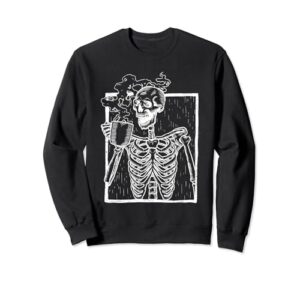 distressed skeleton vintage smiling skull drinking coffee sweatshirt