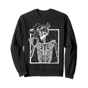 Distressed Skeleton Vintage Smiling Skull drinking Coffee Sweatshirt