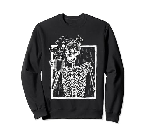 Distressed Skeleton Vintage Smiling Skull drinking Coffee Sweatshirt