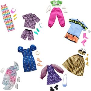 barbie clothes multipack with 8 complete outfits for barbie doll, 25+ pieces include 8 outfits, 8 pairs of shoes & 8 accessories, gift for 3 to 8 year olds