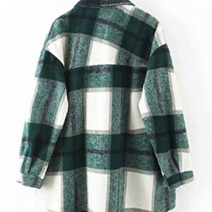 Tanming Womens Brushed Flannel Plaid Lapel Button Short Pocketed Shacket Shirts Coats（01 Green-M）