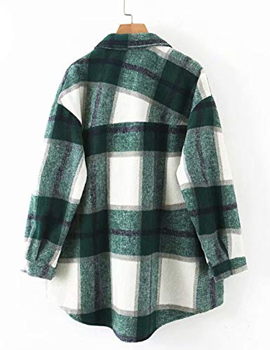 Tanming Womens Brushed Flannel Plaid Lapel Button Short Pocketed Shacket Shirts Coats（01 Green-M）