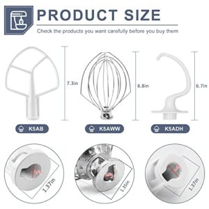 Mixer Aid Attachments Including K5AB Coated Flat Beater&K5ADH Dough Hook for Kitchen Stand Mixer&K5AWW Wire Whip Perfect for 5 Quart Kitchen Mixers Aid Attachments by MIFLUS