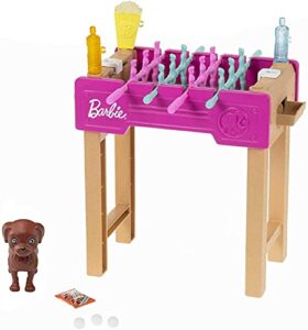 barbie mini playset with pet, accessories and working foosball table, game night theme, gift for 3 to 7 year olds