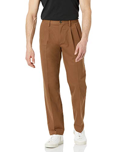 Amazon Essentials Men's Classic-Fit Wrinkle-Resistant Pleated Chino Pant (Available in Big & Tall), Dark Khaki Brown, 42W x 34L