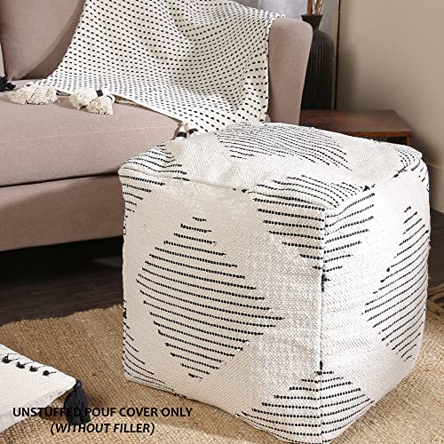 · REDEARTH · UNSTUFFED Pouf Ottoman Cover Textured Boho Storage Square Home Decor Poof Pouffe Space Saver Footrest for Living Room, Bedroom, Nursery, Kidsroom; 100% Cotton (20"x20"x20"; Black)