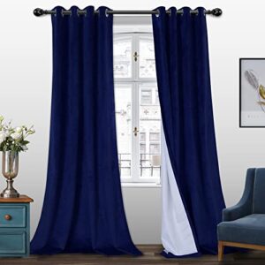 bonzer 100% blackout curtains for bedroom - premium thick velvet curtains 84 inches long thermal insulated energy saving, sun light blocking grommet window drapes for living room, 2 panels, navy