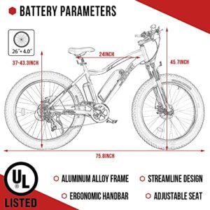 ECOTRIC 26” Fat Tire Electric Bike Powerful Adults Mountain Bicycle 500W Motor 36V/12.5AH Removable Lithium Battery Beach Snow Ebike Shock Absorption - 90% Pre Assembled