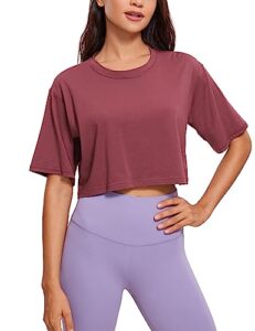 crz yoga women's pima cotton workout crop tops short sleeve yoga shirts casual athletic running t-shirts misty merlot small