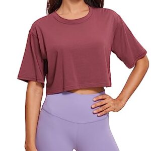 CRZ YOGA Women's Pima Cotton Workout Crop Tops Short Sleeve Yoga Shirts Casual Athletic Running T-Shirts Misty Merlot Small