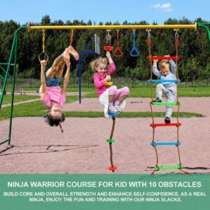 Kawuneeche Ninja Warrior Obstacle Course Kit for Kids Ninja Slackline with 10 Accessories Monkey Bars, Ladder, Climbing Rope, Gym Rings, Swing, Monkey Fist for Backyard Training Equipment