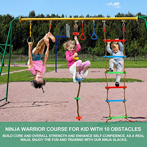 Kawuneeche Ninja Warrior Obstacle Course Kit for Kids Ninja Slackline with 10 Accessories Monkey Bars, Ladder, Climbing Rope, Gym Rings, Swing, Monkey Fist for Backyard Training Equipment