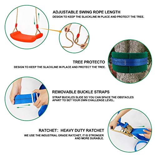 Kawuneeche Ninja Warrior Obstacle Course Kit for Kids Ninja Slackline with 10 Accessories Monkey Bars, Ladder, Climbing Rope, Gym Rings, Swing, Monkey Fist for Backyard Training Equipment
