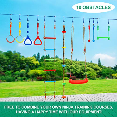 Kawuneeche Ninja Warrior Obstacle Course Kit for Kids Ninja Slackline with 10 Accessories Monkey Bars, Ladder, Climbing Rope, Gym Rings, Swing, Monkey Fist for Backyard Training Equipment