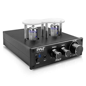 pyle bluetooth tube amplifier stereo receiver - 600w home audio desktop stereo vacuum tube power amplifier receiver w/ 2 vacuum tubes, aux/mp3/microphone inputs, pure copper speaker output - pvta20