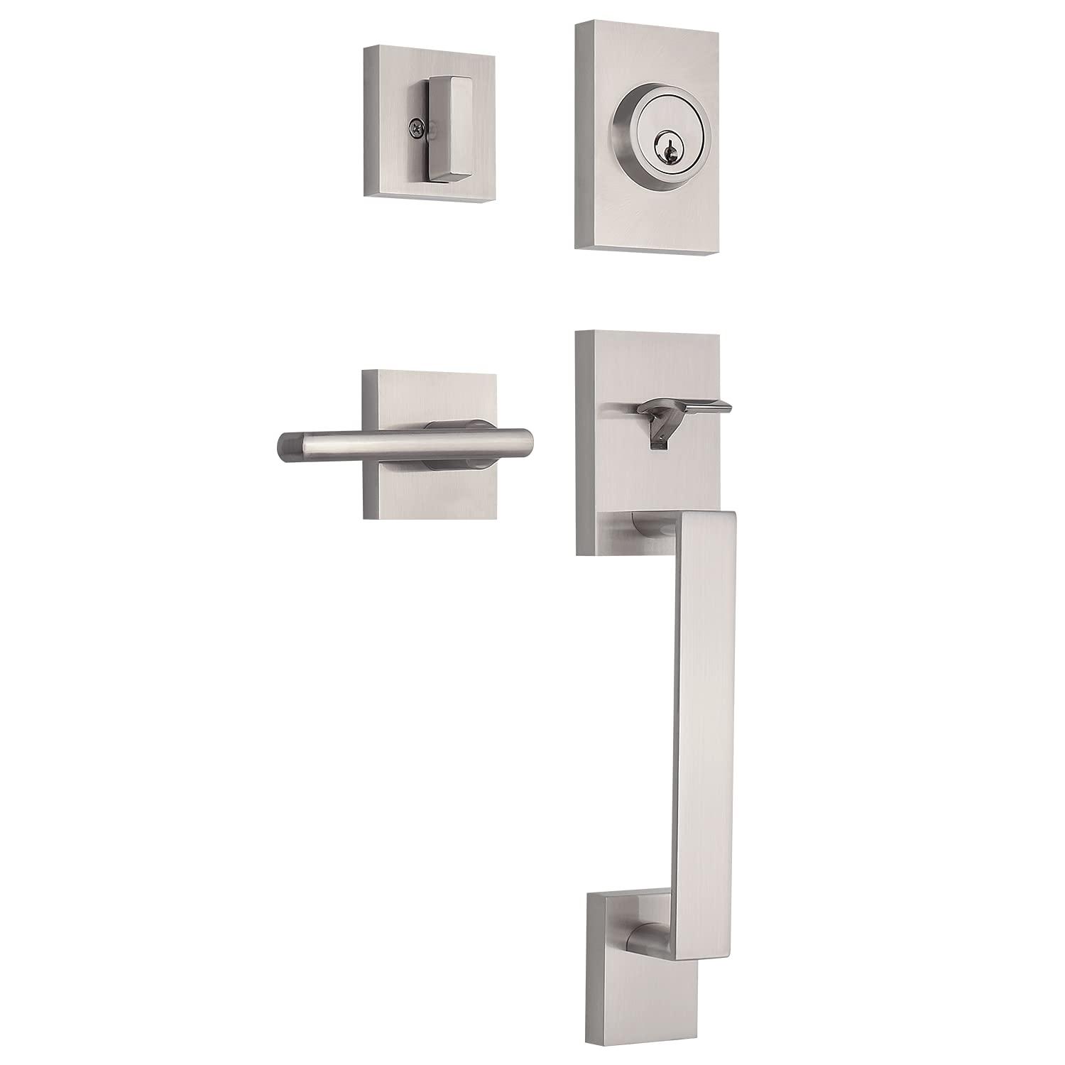 Nuk3y Haven Modern Handleset Front Door Entry Handle and Deadbolt with Reversible Inside Lever Trim (Square Hulk Lever Trim, Satin Nickel)