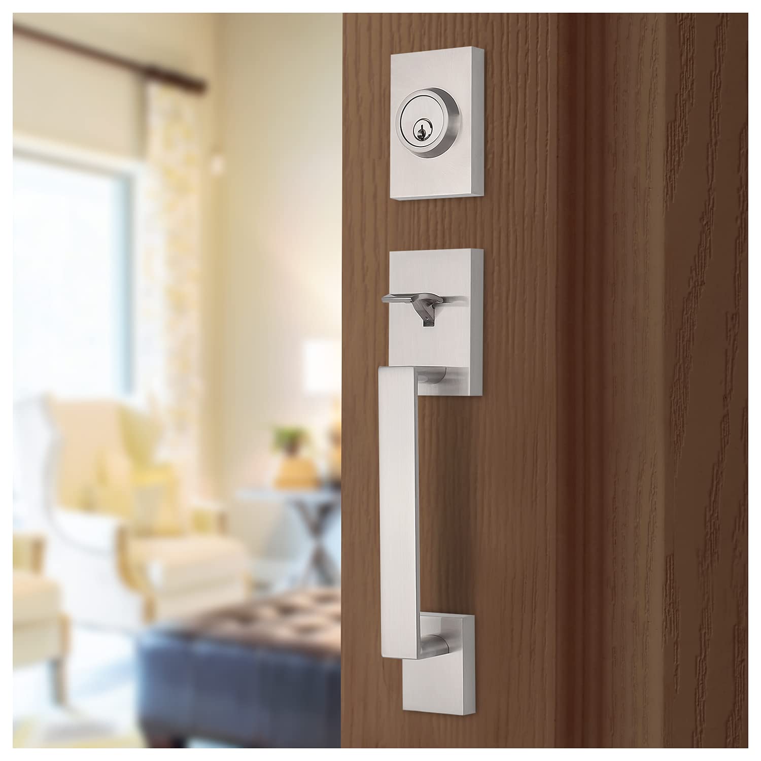 Nuk3y Haven Modern Handleset Front Door Entry Handle and Deadbolt with Reversible Inside Lever Trim (Square Hulk Lever Trim, Satin Nickel)