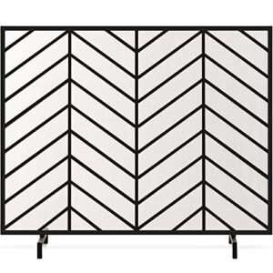 best choice products 38x31in single panel handcrafted wrought iron mesh chevron fireplace screen, fire spark guard for living room, bedroom décor w/distressed antique finish - satin black