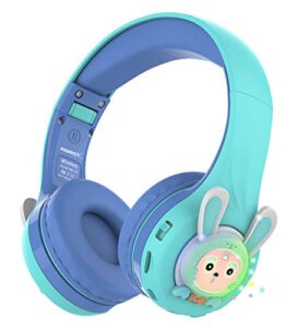 riwbox rb-7s rabbit kids headphones wireless, led light up bluetooth over ear headset volume limited safe 75db/85db/95db with mic and tf-card, children headphones for girls boys (blue&green)