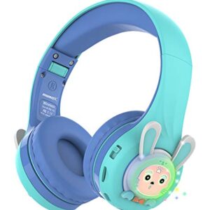 Riwbox RB-7S Rabbit Kids Headphones Wireless, LED Light Up Bluetooth Over Ear Headset Volume Limited Safe 75dB/85dB/95dB with Mic and TF-Card, Children Headphones for Girls Boys (Blue&Green)