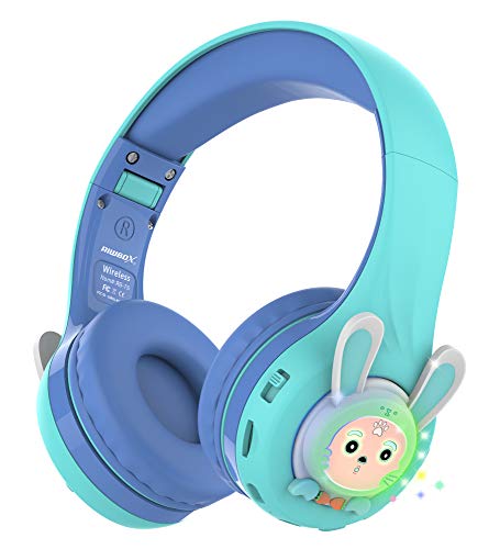 Riwbox RB-7S Rabbit Kids Headphones Wireless, LED Light Up Bluetooth Over Ear Headset Volume Limited Safe 75dB/85dB/95dB with Mic and TF-Card, Children Headphones for Girls Boys (Blue&Green)