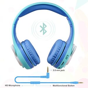 Riwbox RB-7S Rabbit Kids Headphones Wireless, LED Light Up Bluetooth Over Ear Headset Volume Limited Safe 75dB/85dB/95dB with Mic and TF-Card, Children Headphones for Girls Boys (Blue&Green)