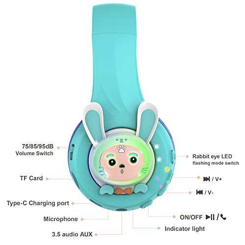 Riwbox RB-7S Rabbit Kids Headphones Wireless, LED Light Up Bluetooth Over Ear Headset Volume Limited Safe 75dB/85dB/95dB with Mic and TF-Card, Children Headphones for Girls Boys (Blue&Green)