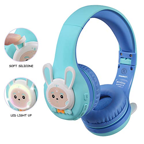 Riwbox RB-7S Rabbit Kids Headphones Wireless, LED Light Up Bluetooth Over Ear Headset Volume Limited Safe 75dB/85dB/95dB with Mic and TF-Card, Children Headphones for Girls Boys (Blue&Green)