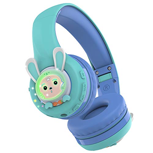 Riwbox RB-7S Rabbit Kids Headphones Wireless, LED Light Up Bluetooth Over Ear Headset Volume Limited Safe 75dB/85dB/95dB with Mic and TF-Card, Children Headphones for Girls Boys (Blue&Green)