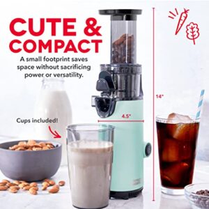 DASH Deluxe Compact Masticating Slow Juicer, Easy to Clean Cold Press Juicer with Brush, Pulp Measuring Cup, Frozen Attachment and Juice Recipe Guide - Aqua