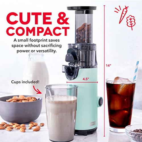 DASH Deluxe Compact Masticating Slow Juicer, Easy to Clean Cold Press Juicer with Brush, Pulp Measuring Cup, Frozen Attachment and Juice Recipe Guide - Aqua