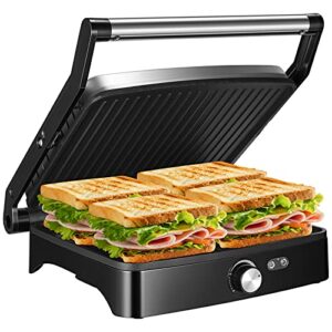 ostba panini press grill indoor grill sandwich maker with temperature setting, 4 slice large non-stick versatile grill, opens 180 degrees to fit any type or size of food, removable drip tray, 1200w