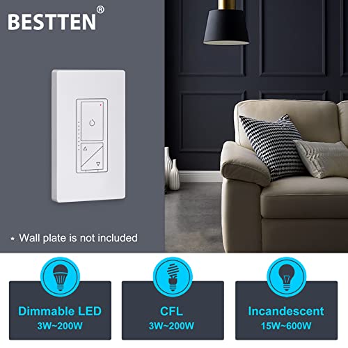 BESTTEN Super Slim Digital Led Dimmer Switch with Air Gap Power Cut Off Switch, MCU Smart-chip Technology and 3 Button Control, Single Pole or 3 Way Dimmer Light Switch, ETL Listed, Snow White