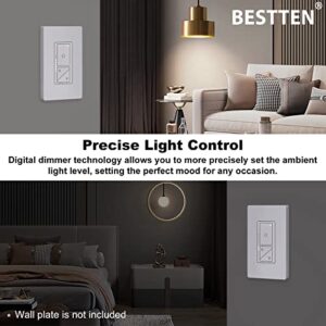 BESTTEN Super Slim Digital Led Dimmer Switch with Air Gap Power Cut Off Switch, MCU Smart-chip Technology and 3 Button Control, Single Pole or 3 Way Dimmer Light Switch, ETL Listed, Snow White