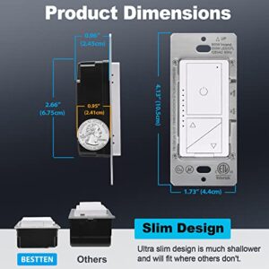 BESTTEN Super Slim Digital Led Dimmer Switch with Air Gap Power Cut Off Switch, MCU Smart-chip Technology and 3 Button Control, Single Pole or 3 Way Dimmer Light Switch, ETL Listed, Snow White