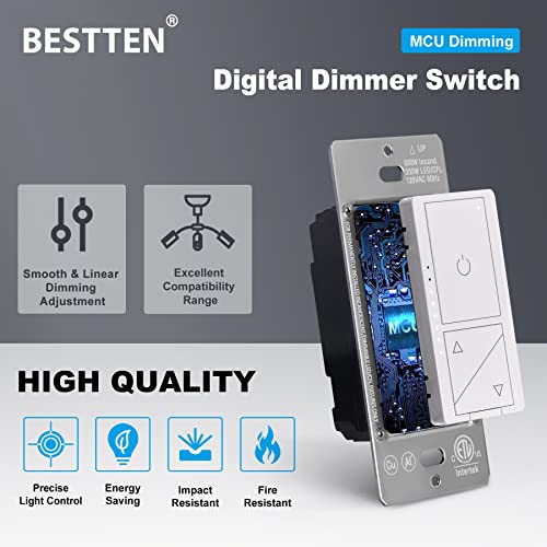 BESTTEN Super Slim Digital Led Dimmer Switch with Air Gap Power Cut Off Switch, MCU Smart-chip Technology and 3 Button Control, Single Pole or 3 Way Dimmer Light Switch, ETL Listed, Snow White