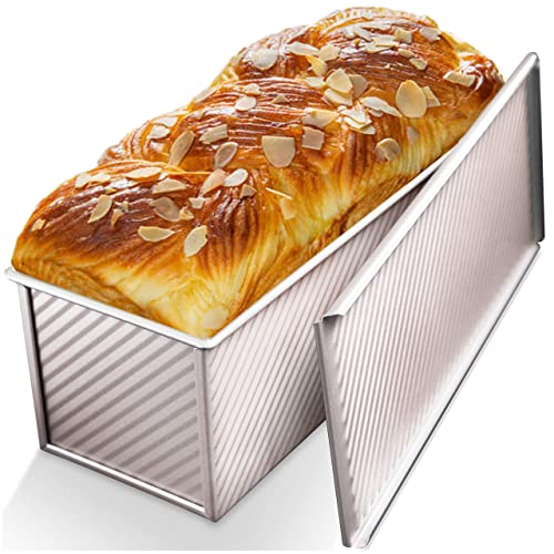 CHEFMADE Loaf Pan with Lid,Commercial Pullman Bread Pan 2.2Lb Dough Capacity,Non-Stick Bakeware Carbon Steel Bread Toast Mold with Cover for Baking Bread (Champagne Gold)