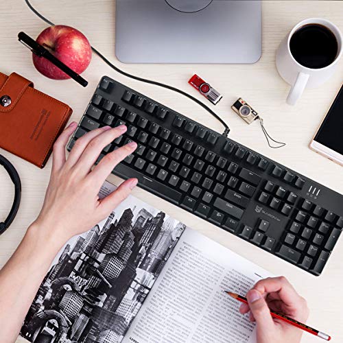 Merdia Mechanical Keyboard Gaming Keyboard with Red Switch Wired White Backlit Keyboard Full Size 104 Keys US Layout (Black)