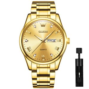 olevs gold watch for men, big face stainless steel watch, easy to read analog quartz watch with day date, waterproof luminous men's dress wrist watch