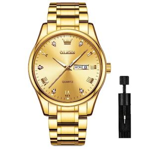 OLEVS Gold Watch for Men, Big Face Stainless Steel Watch, Easy to Read Analog Quartz Watch with Day Date, Waterproof Luminous Men's Dress Wrist Watch