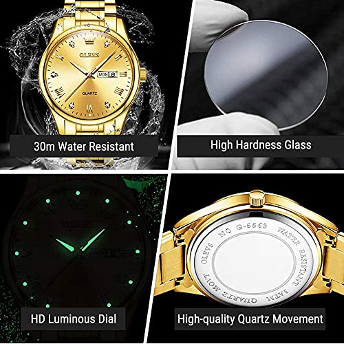 OLEVS Gold Watch for Men, Big Face Stainless Steel Watch, Easy to Read Analog Quartz Watch with Day Date, Waterproof Luminous Men's Dress Wrist Watch