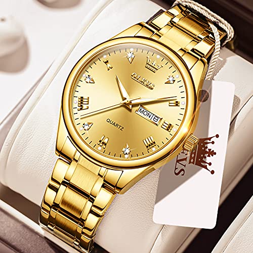 OLEVS Gold Watch for Men, Big Face Stainless Steel Watch, Easy to Read Analog Quartz Watch with Day Date, Waterproof Luminous Men's Dress Wrist Watch