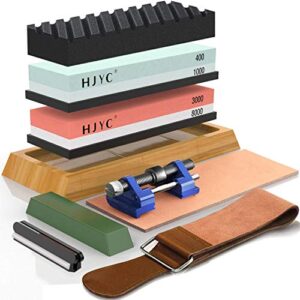 knife sharpening stone set,4 side grit 400/1000 3000/8000 water stone,whetstone kit with non-slip bamboo base,flattening stone,angle guide,leather strop,polishing compound and honing guide.