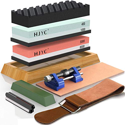 Knife Sharpening Stone Set,4 Side Grit 400/1000 3000/8000 Water Stone,Whetstone Kit with Non-slip Bamboo Base,Flattening Stone,Angle Guide,Leather Strop,Polishing Compound and Honing Guide.