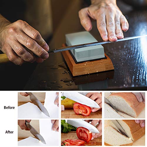 Knife Sharpening Stone Set,4 Side Grit 400/1000 3000/8000 Water Stone,Whetstone Kit with Non-slip Bamboo Base,Flattening Stone,Angle Guide,Leather Strop,Polishing Compound and Honing Guide.