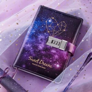 CAGIE Starry Lock Leather Diary Combination Lock Journal Personal Constellation Secret Writing Journal Notebook Daily Planner Hardcover Agenda Gifts for kids girls boys women, 7.4 X 5.1 In