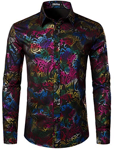 ZEROYAA Men's Luxury Prom Design Slim Fit Long Sleeve Button up Party Dress Shirts ZZCL48 Black Multicolored Large