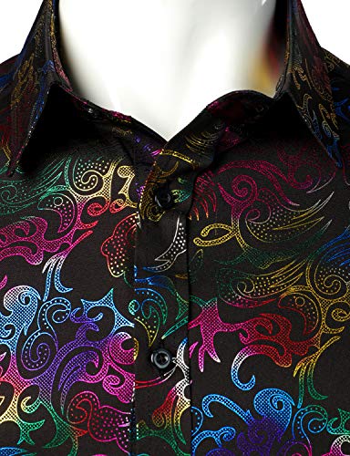 ZEROYAA Men's Luxury Prom Design Slim Fit Long Sleeve Button up Party Dress Shirts ZZCL48 Black Multicolored Large